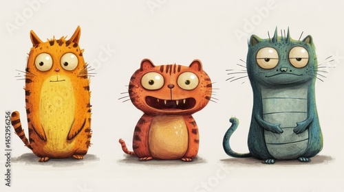 Three quirky cartoon cats in a row, varying colors and expressions