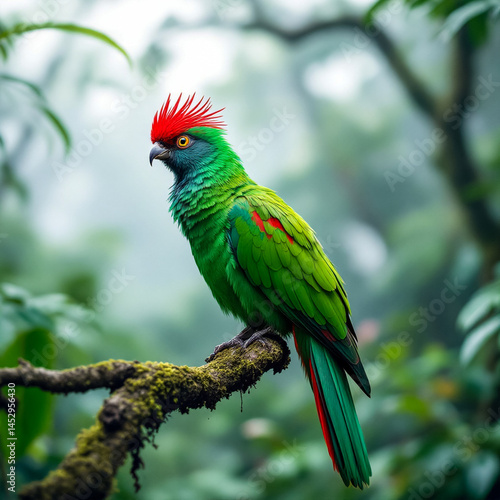 Resplendent Quetzal in the cloud forests of Costa Rica — A vibrant green and red bird perched on a mossy branch, surrounded by misty jungle vegetation