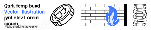 Circular cryptocurrency coin, flame over a brick wall symbolizing firewall protection, and stacked disks for data storage. Ideal for technology, cybersecurity, cryptocurrency, blockchain, data