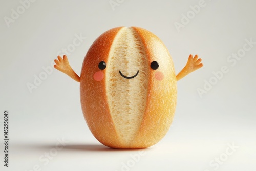 A cute, smiling bread roll with arms welcomes you with open hands on a clean white background.