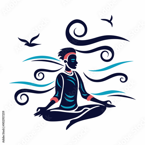 Air Nomad meditating in mid-air surrounded by swirling wind patterns in a minimalist vector style.