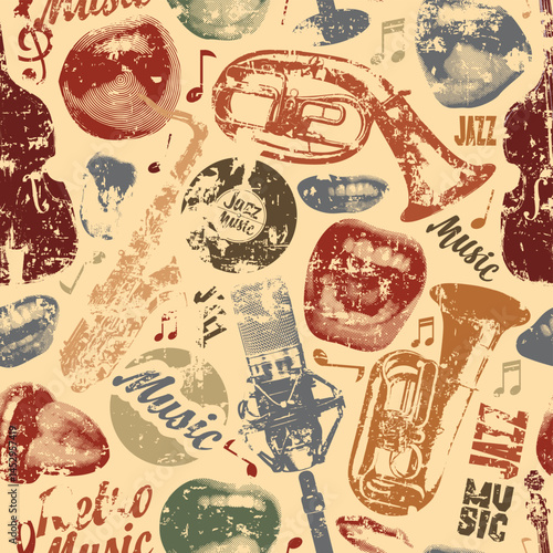 Jazz music theme seamless pattern with singing mouths, vinyl records and musical instruments. Vector background, wallpaper, wrapping paper, fabric, poster, flyer, cover, t-shirt design. No ai used