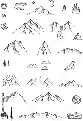 Hand-drawn Mountain and Nature Icon Set