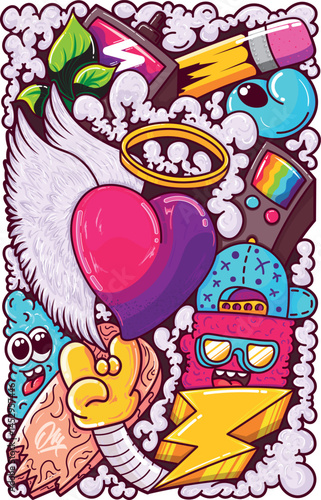 Whimsical Doodle Art with Hearts, Aliens, and Cool Characters