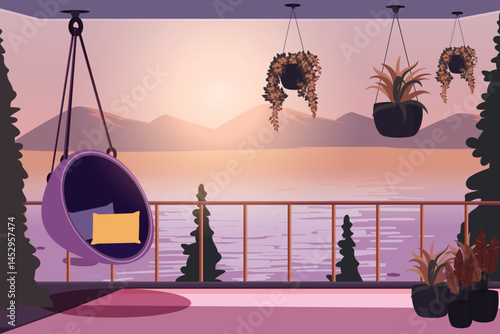 Balcony Sunset View with Hanging Chair