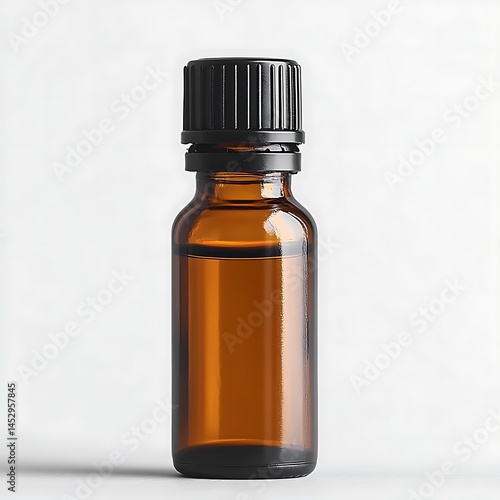 A small amber glass essential oil bottle with a black lid