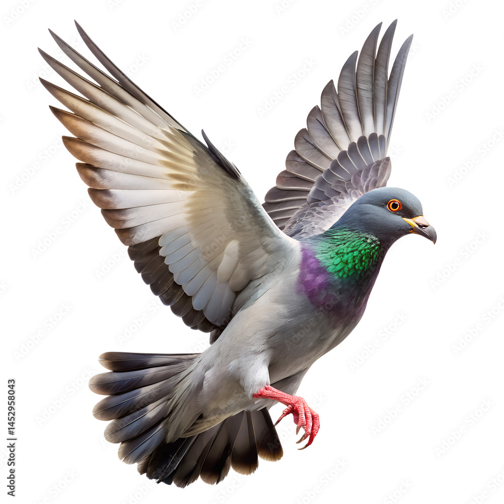 Obraz premium Lifelike Pigeon in Flight Against White