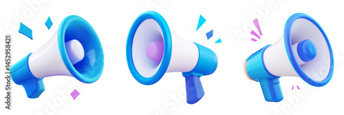 Three dimensional rendering showcases bright blue and white megaphones with colorful burst effects on transparent background
