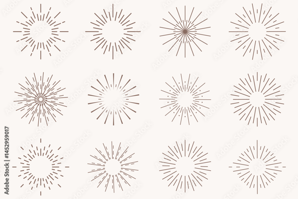 Radial circle lines. Circular radiating lines geometric element. Sun star rays symbol. Abstract geometric shapes. Design element. Vector illustration isolated on white background.