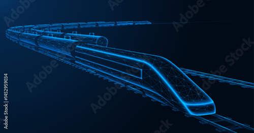 Trains carrying fuel tanks by rail. Polygonal design of interconnected lines and dots. Blue background.