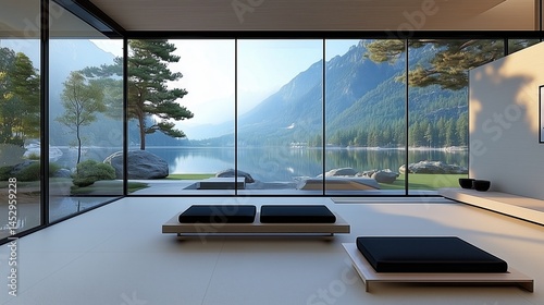 Fototapeta Naklejka Na Ścianę i Meble -  Modern minimalist house with stunning lake and mountain view