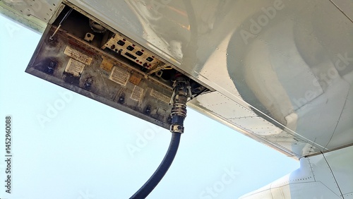 Fuel hose attached to the refueling panel during the aircraft refueling process on the ground