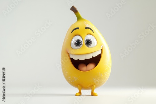 A joyful, cartoon banana character stands against a white background, exuding happiness with a wide smile and expressive eyes.