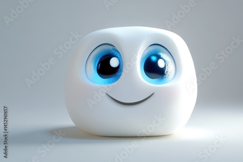 A cute, minimalist, white, cube-shaped character with big, bright blue eyes and a simple, gentle smile isolated on white background.