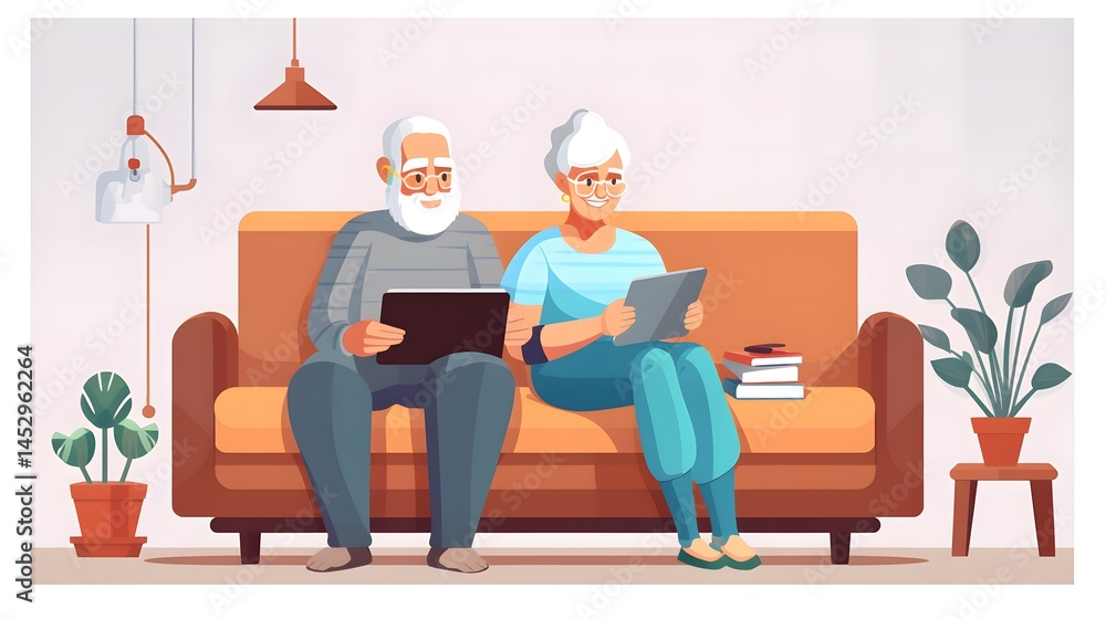 Elderly couple enjoying time together on sofa with computer technology at home Elderly couple enjoying time together on sofa with computer technology at home