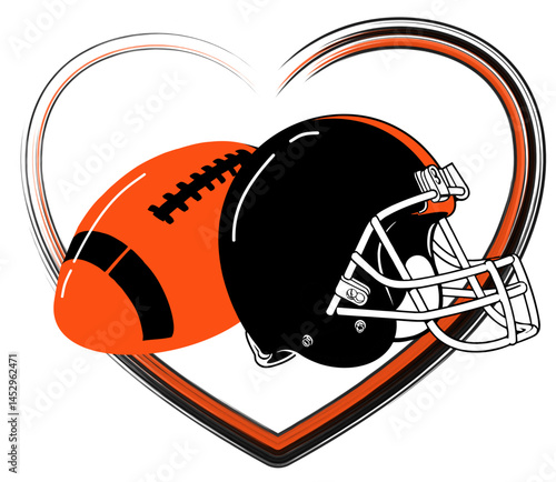 Football helmet and ball enclosed in a hand-drawn sketch-style heart. Vector design in black and orange, perfect for sporty graphics with a touch of passion and team spirit