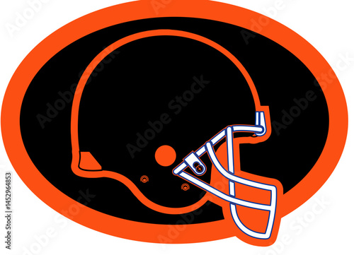 A stylized football helmet enclosed in an oval frame. Sports graphic design for fans, with black and orange colors, perfect for football enthusiasts.