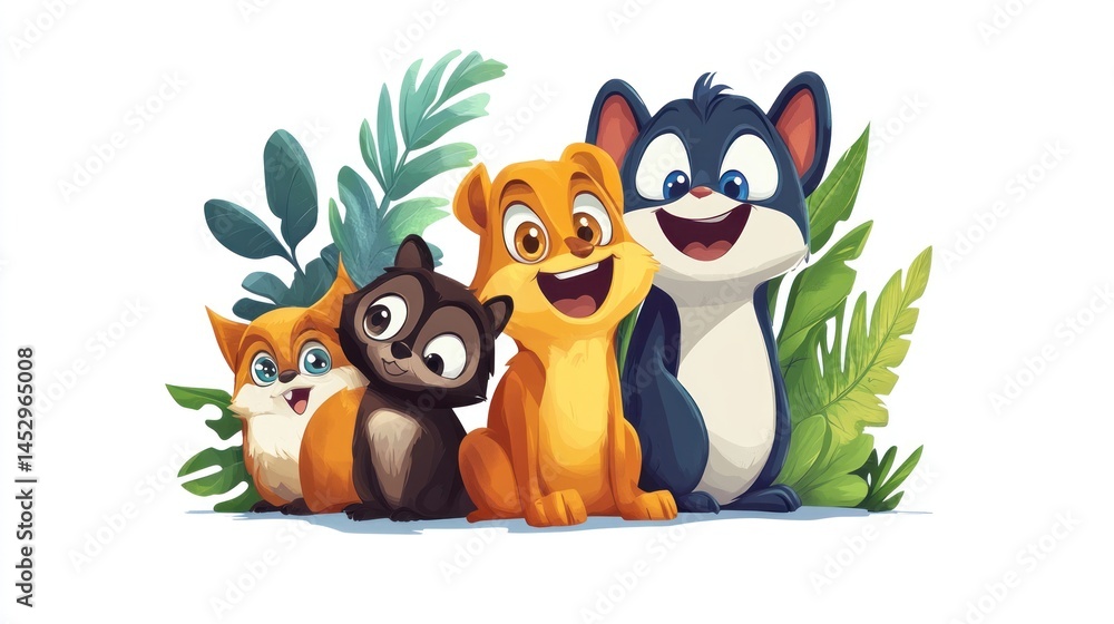 Fototapeta premium Four adorable cartoon animals amongst tropical foliage
