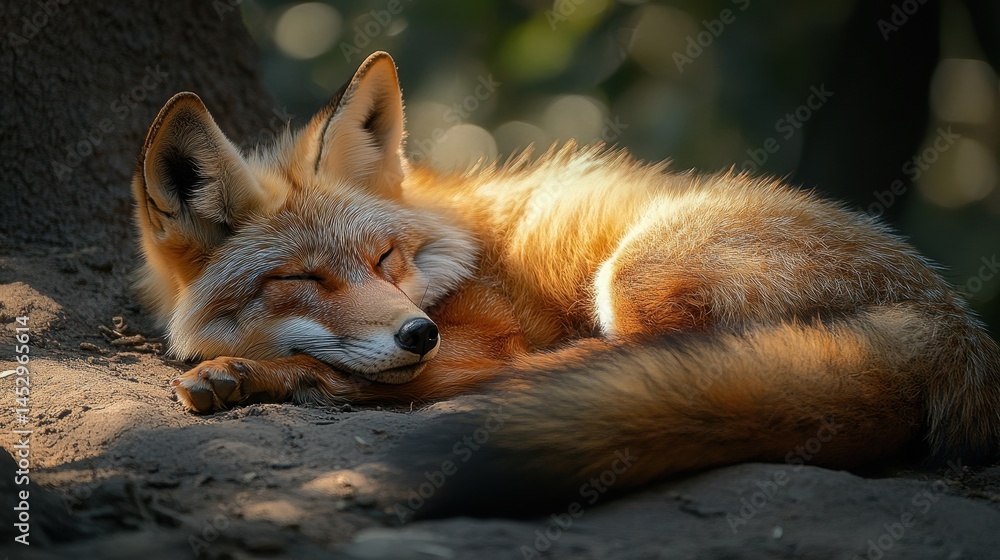 Obraz premium Peaceful red fox sleeping in sunlit forest glade