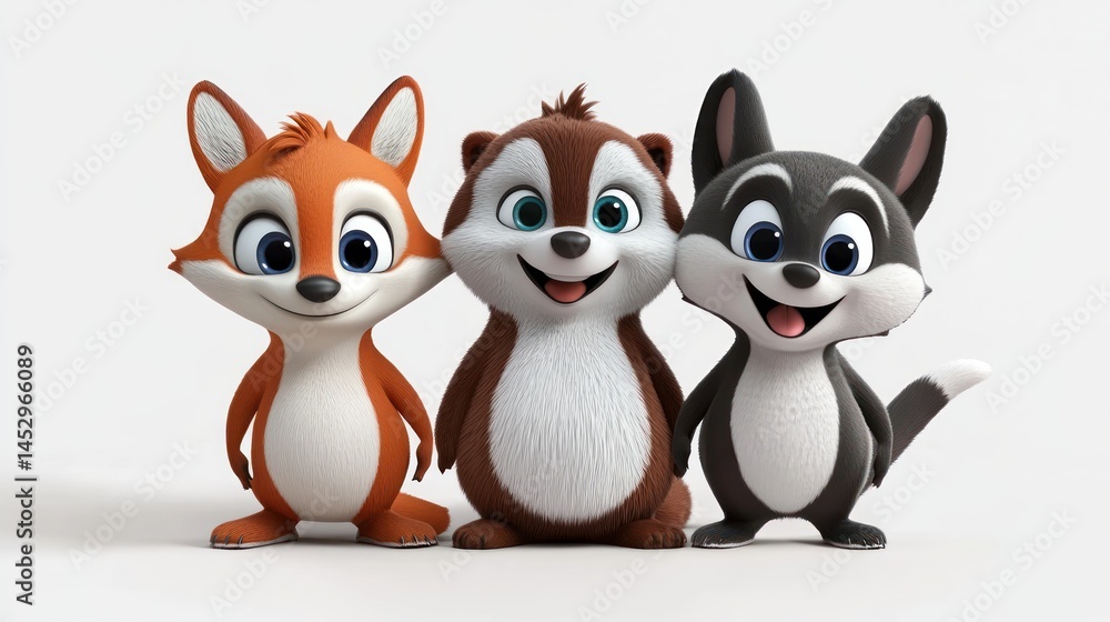 Fototapeta premium Three cartoon animals, fox, chipmunk, and wolf, standing close together