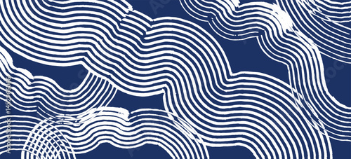 Minimal hand drawn curvy waves brush line abstract pattern in blue and white, Japanese and ethnic wood carving, engraving texture background, simple graphic for textile, carpet