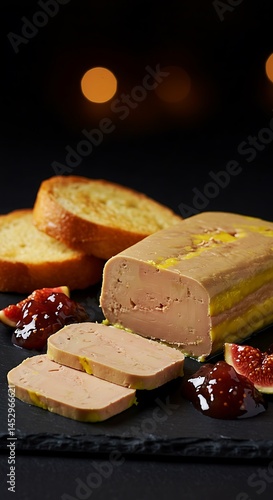 Silky foie gras torchon sliced to reveal marbled texture, served with brioche toast and fig compote. Black slate plate, moody lighting