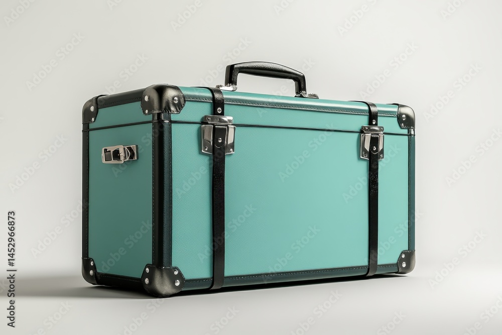A light blue suitcase with black straps on a white surface A light blue suitcase with black straps on a white surface