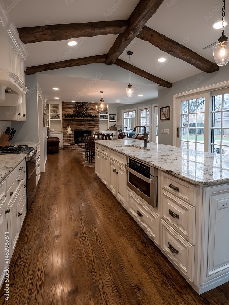 Fototapeta premium Interior with island and cabinets..Ceiling with beams..Flooring is visible..Light fixtures hang..Fireplace with wreath and decorations is visible