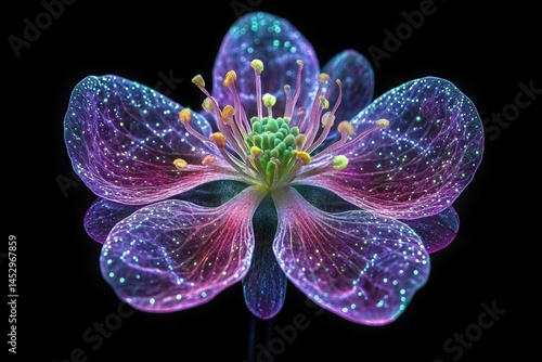 A mesmerizing luminescent flower, radiating vibrant purple and teal hues, detailed veins and sparkling texture.