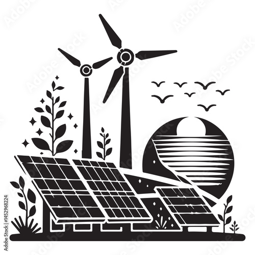 Energy solar panel, wind turbine vector