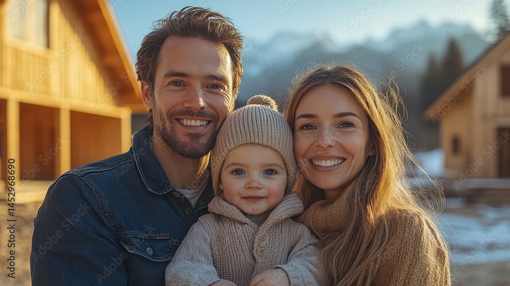 Happy young family outdoors in winter mountains Happy young family outdoors in winter mountains