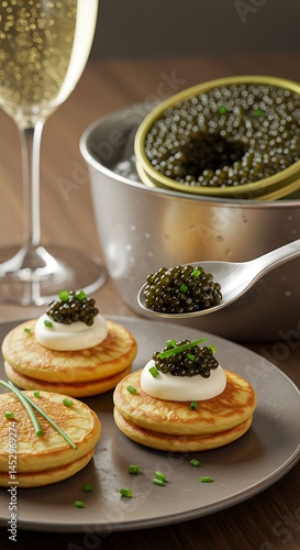 Mother-of-pearl spoon lifting Ossetra caviar atop blinis with crème fraîche and chive. Ice-filled silver caviar tray, crystal glass of champagne in backdrop