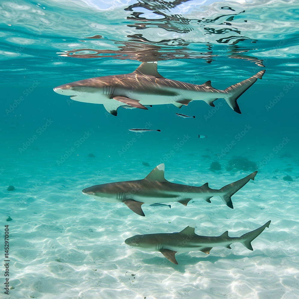 Fototapeta premium Oceanic Grace: Sharks in Crystal Waters AI Generated
