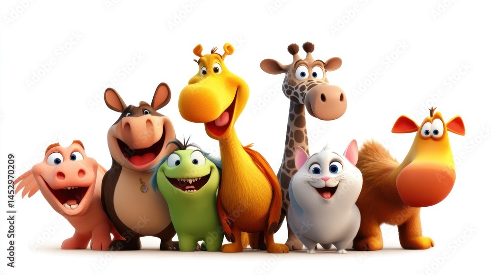 Naklejka premium Cartoon animal group, smiling, diverse, 3D rendered