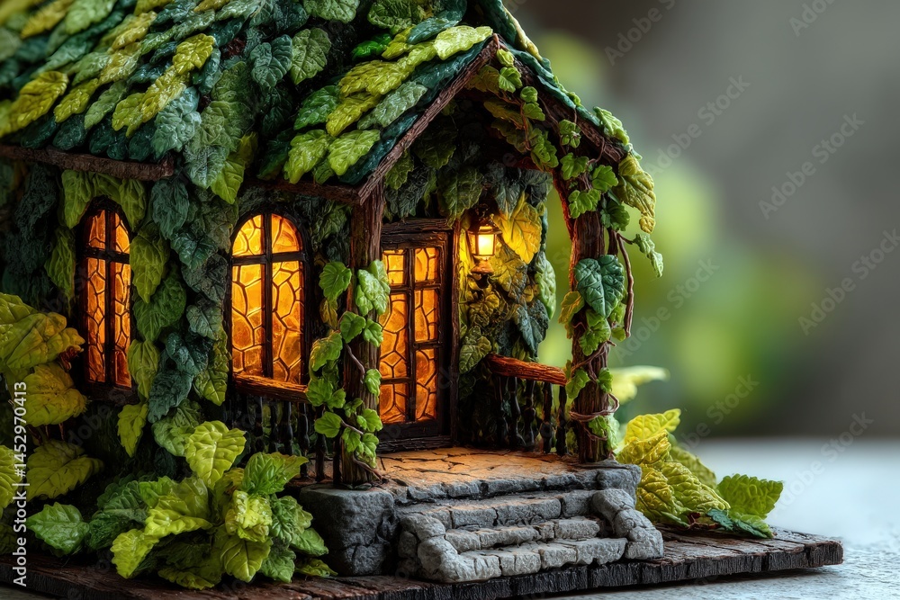 Fototapeta premium Lush green fairy house with illuminated windows set in a magical forest environment during twilight hours