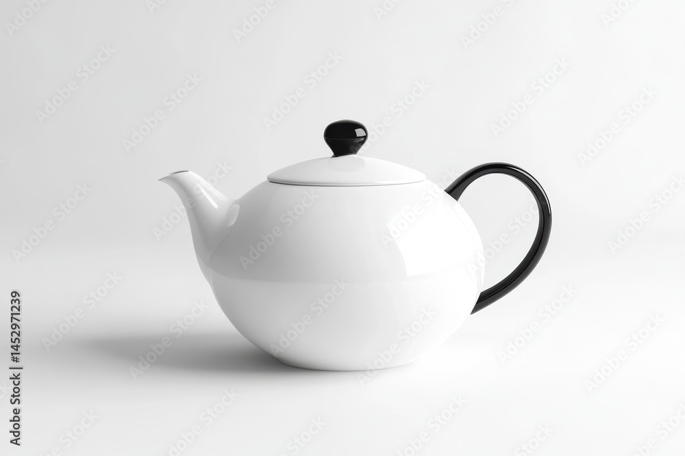 Close up of a white teapot with a black handle and lid knob Close up of a white teapot with a black handle and lid knob