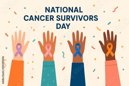 Hands raised in celebration for National Cancer Survivors Day with colorful awareness ribbons prominently displayed