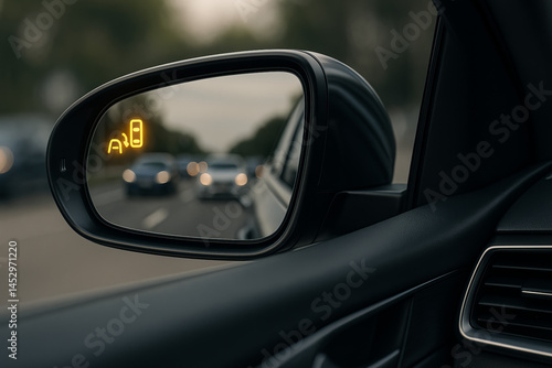 Close-up of car side mirror showing blind spot warning icon lit up with visible vehicles in adjacent lane, highlighting modern driver assistance tech.