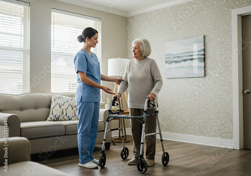 A compassionate caregiver assists a senior woman with her walker in a comfortable living room setting, promoting independence and well-being through