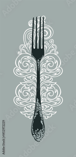 Vector food and drink menu cover for restaurant or cafe with realistic fork and vintage swirls. No AI used