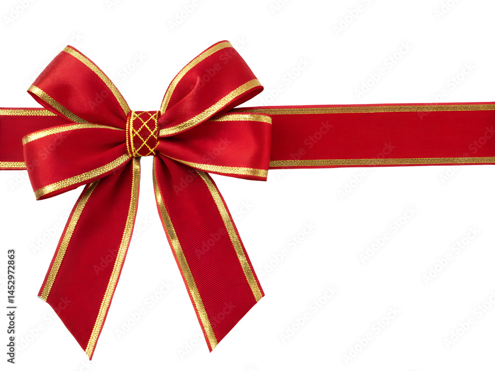 Fototapeta premium Red Ribbon Bow with Gold Trim Isolated on transparent background cutout, PNG file, Cutout file