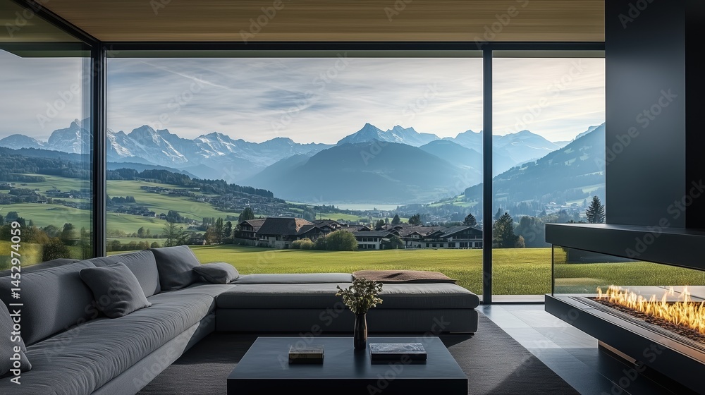 Fototapeta premium Modern living room with stunning mountain view