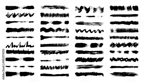 Grunge brush strokes, lines, ink smudges, hand-drawn scribble shapes. Handmade sketchy marks, acrylic stains, charcoal streaks. Paint textures, dry brush effect. Marker underline. Vector illustration