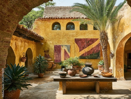Sunny courtyard with colorful painted walls and aged decor.