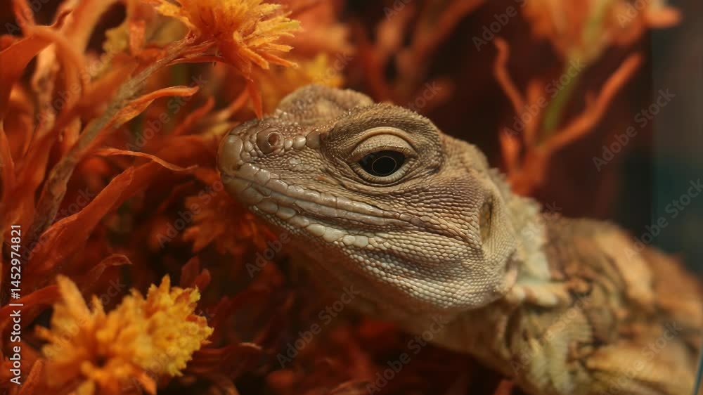 Close-up profile of a brown lizard resting amongst orange flowers and fronds with detailed skin texture, creating a serene and exotic scene. Close-up profile of a brown lizard resting amongst orange flowers and fronds with detailed skin texture, creating a serene and exotic scene.