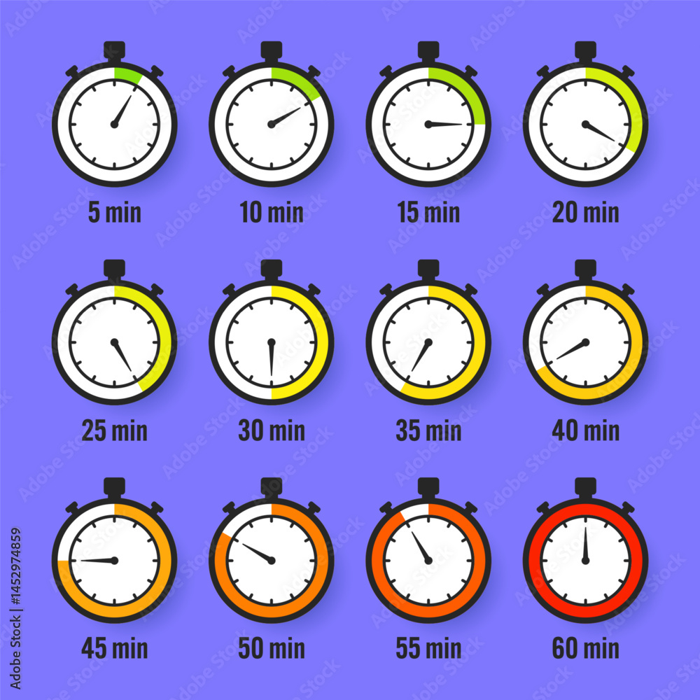 Stopwatch icons. Colorful simple chronometer, time counter with dial. Countdown timer showing hours and minutes. Deadline, measurement for sport. Cooking time label, sticker. Vector illustration Stopwatch icons. Colorful simple chronometer, time counter with dial. Countdown timer showing hours and minutes. Deadline, measurement for sport. Cooking time label, sticker. Vector illustration