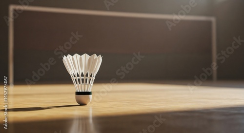 Badminton shuttlecock resting on a court with warm lighting  