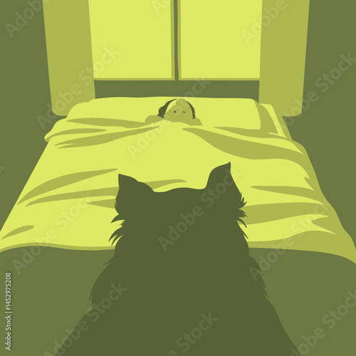 A loyal Border Collie lies on a bed, gently watching over a peacefully sleeping baby—a heartwarming scene of trust and companionship.