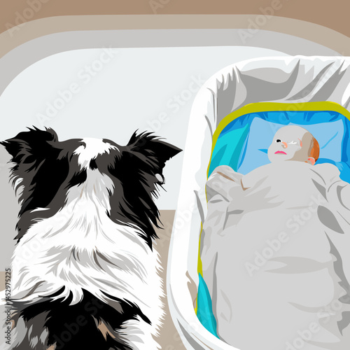 A loyal Border Collie lies on a bed, gently watching over a peacefully sleeping baby—a heartwarming scene of trust and companionship.