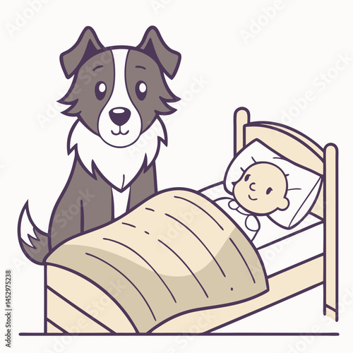 A loyal Border Collie lies on a bed, gently watching over a peacefully sleeping baby—a heartwarming scene of trust and companionship.